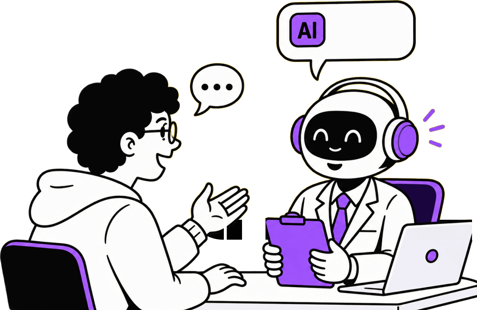 A student in a mock interview with a friendly AI interviewer wearing headphones